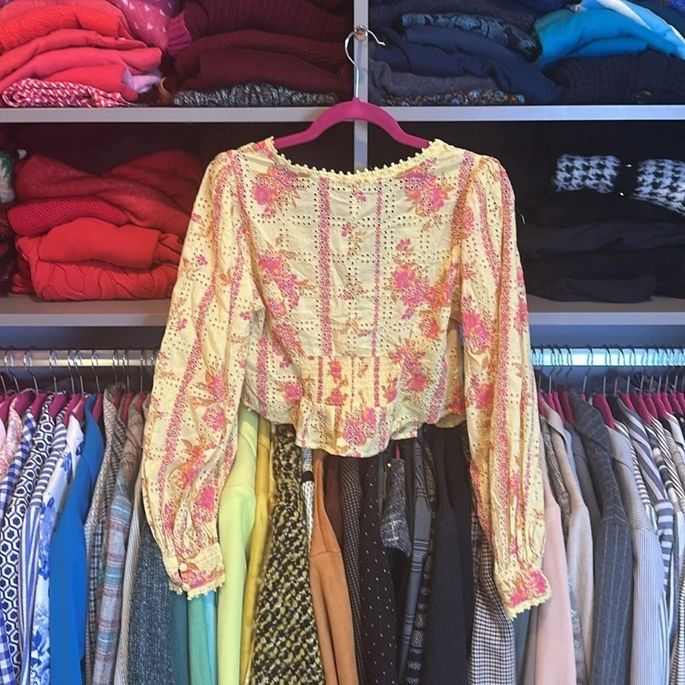 Free People yellow and pink floral print eyelet long sleeve v neck top size XS